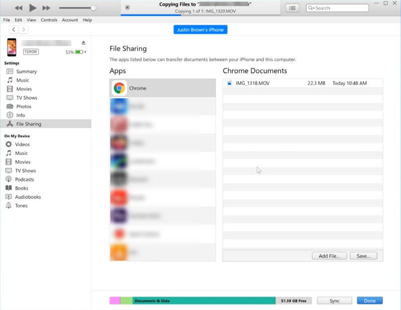 iTunes Copying Video to iPhone App Screenshot