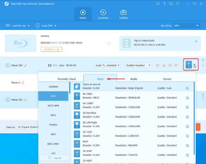 Choose Output Format for Titles From Blu-ray
