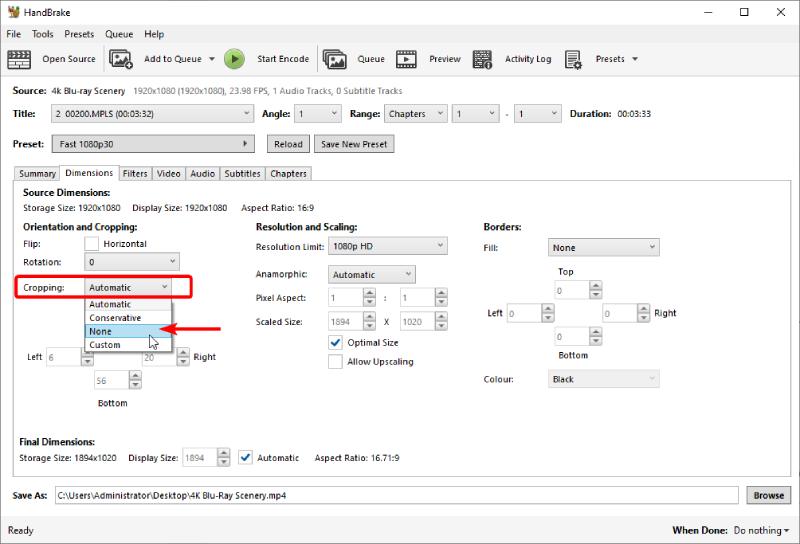 Change the Cropping Method in Handbrake