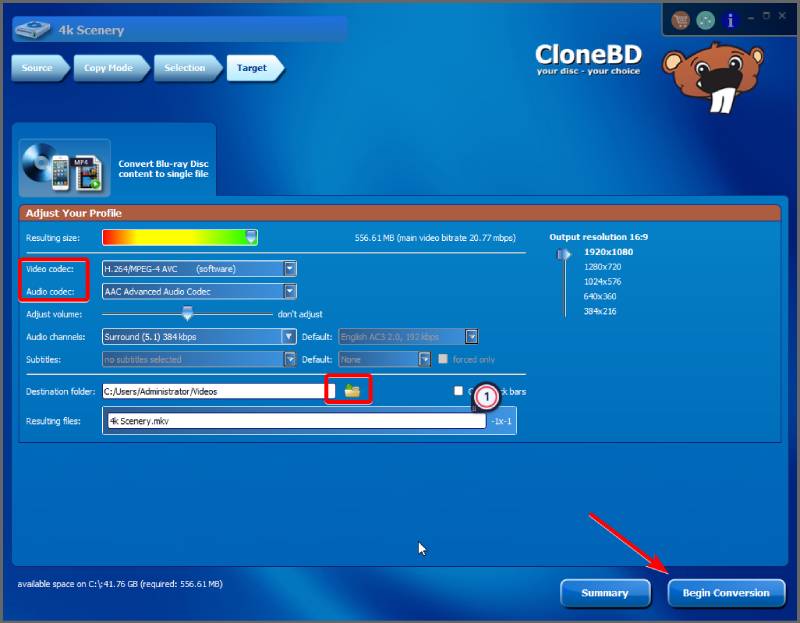 Adjust Output Setting and Start Ripping in CloneBD