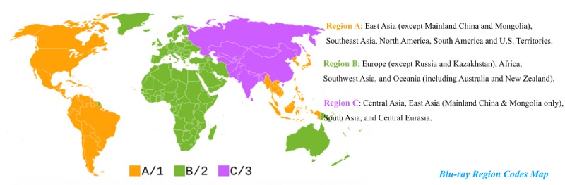 Blu-ray Region Code Map with Corresponding Regions