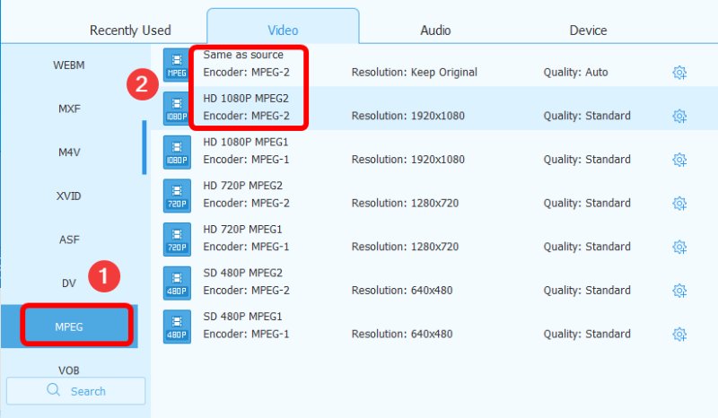 Choose MPEG 2 for Output Video