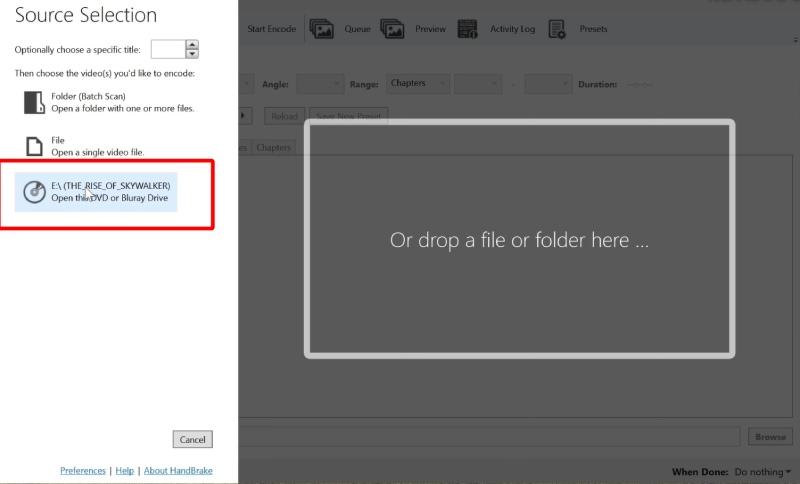Open Blu-ray in Handbrake