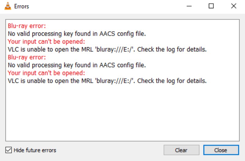 Blu-ray Error no Valid processing Key Found in AACS Config File VLC