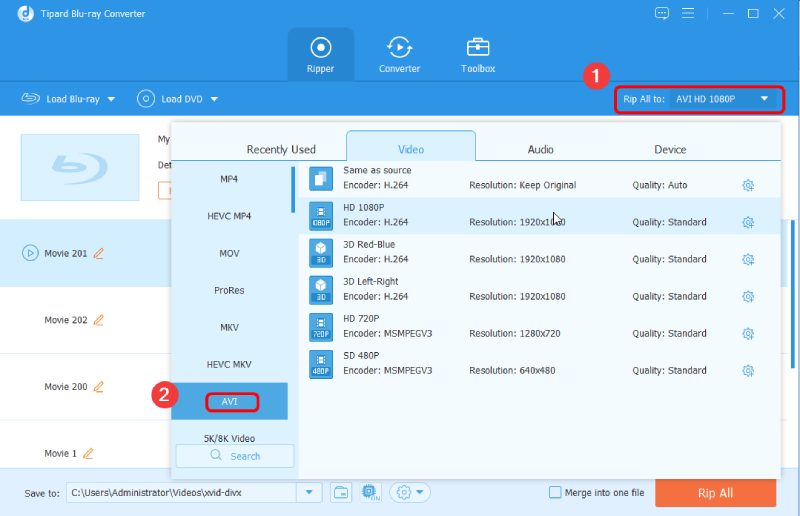 Choose AVI as the Output Format