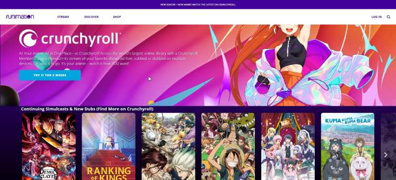 Funimation Anime Site Front Page