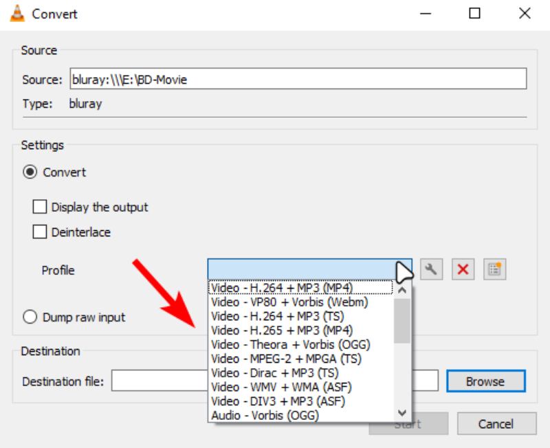 Select an Output Profile in VLC