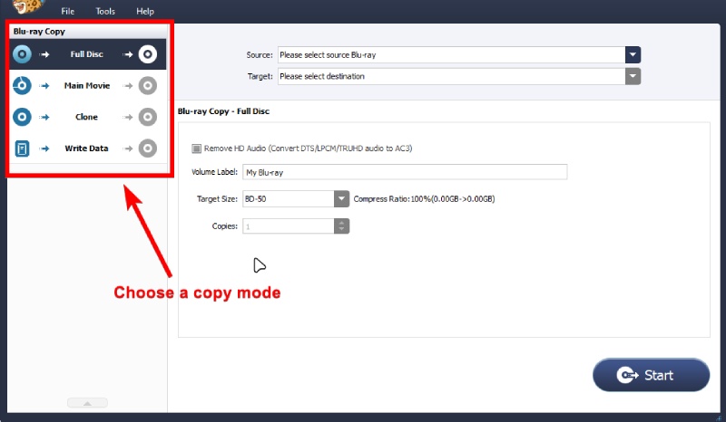 Choose a Copy Mode on Blu-ray Copy