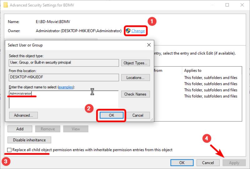 Enter the Object Name to Reclaim File Ownership