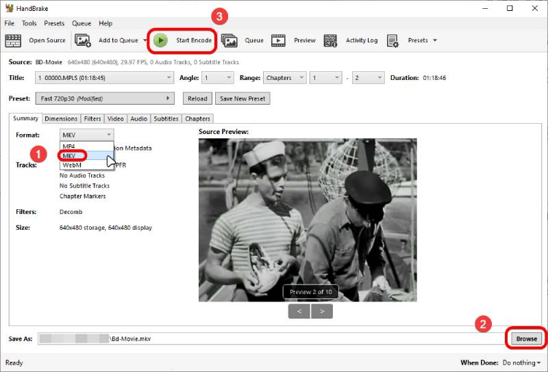 Start Converting BDMV Folder to MKV in HandBrake 