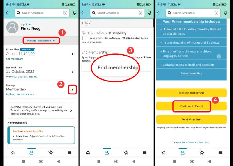 Cancel Prime Membership on Amazon App on Android