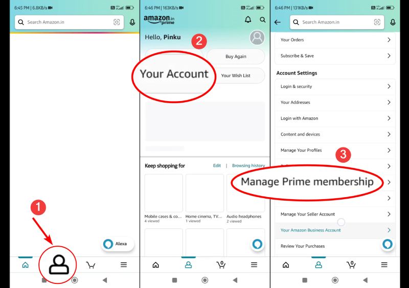 Manage Prime Membership on Amazon App on Android