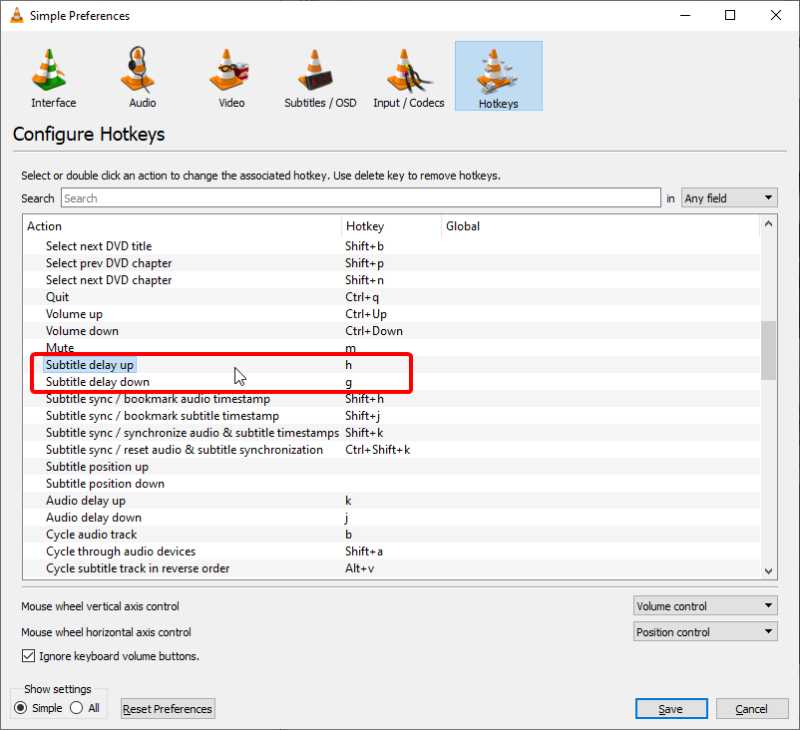 VLC Subtitle Delay Kotkeys on Windows