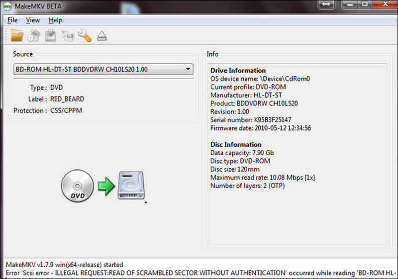 MakeMKV Scsi Error Illegal Request Read of Scrambled